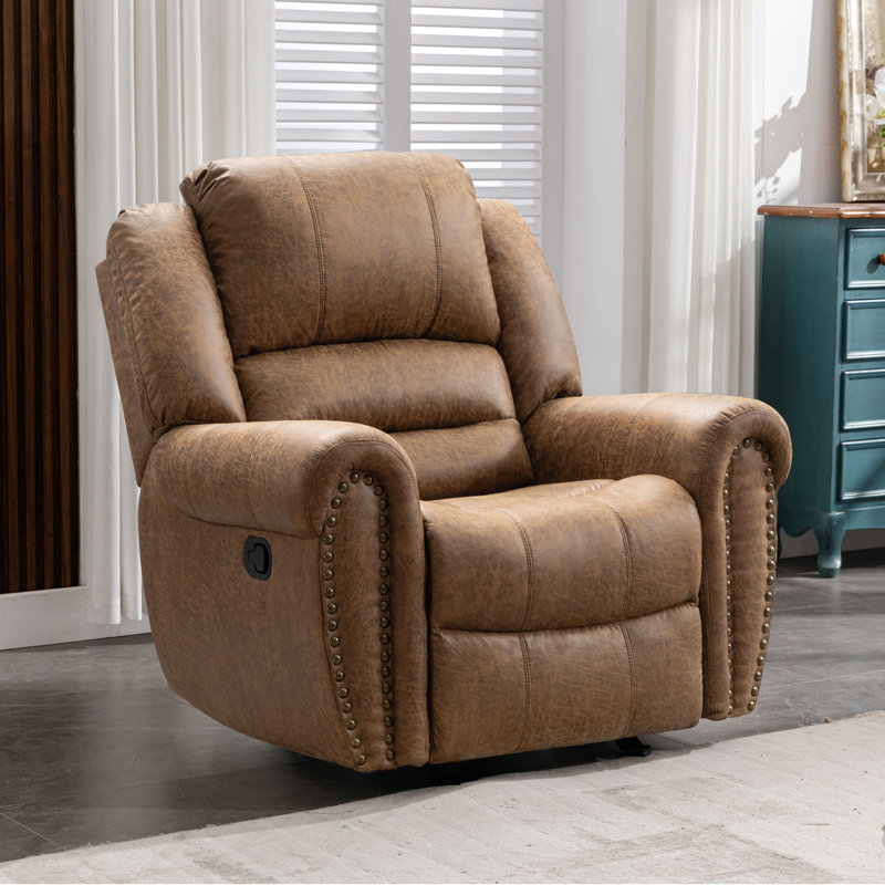 Margena 40.6'' Wide Classic and Super Soft Faux Leather Glider Manual Recliner with Nailed Trim, Brown