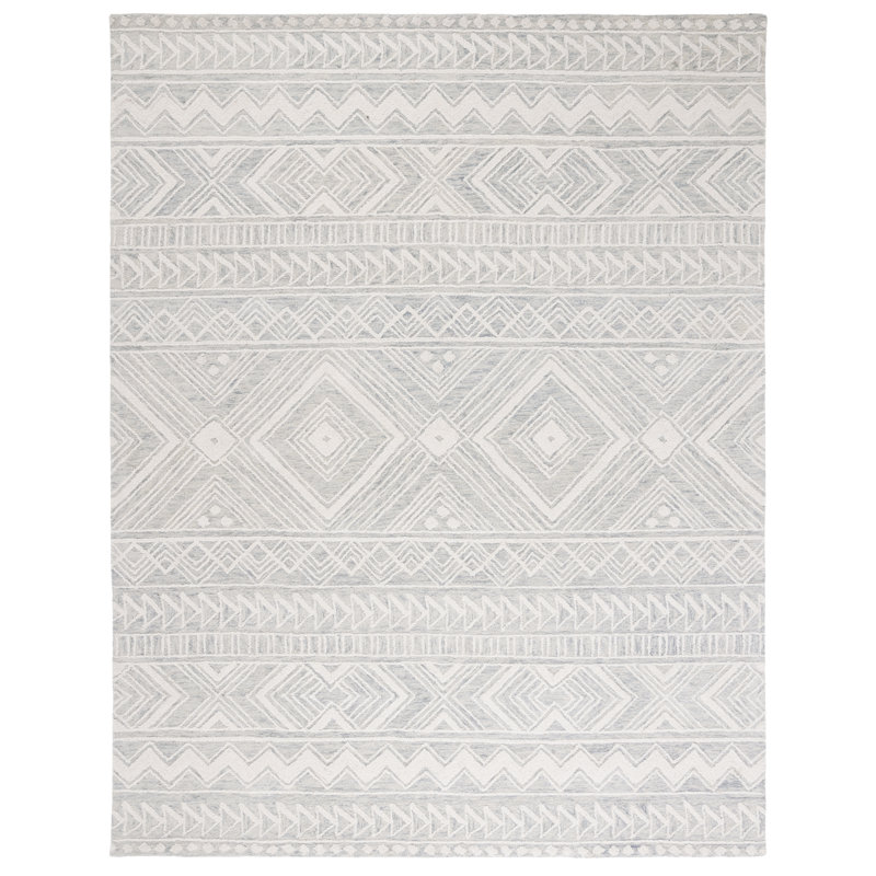 Kyndall Southwestern Handmade Tufted Wool Light Gray/Ivory Area Rug, Rectangle 9' x 12'