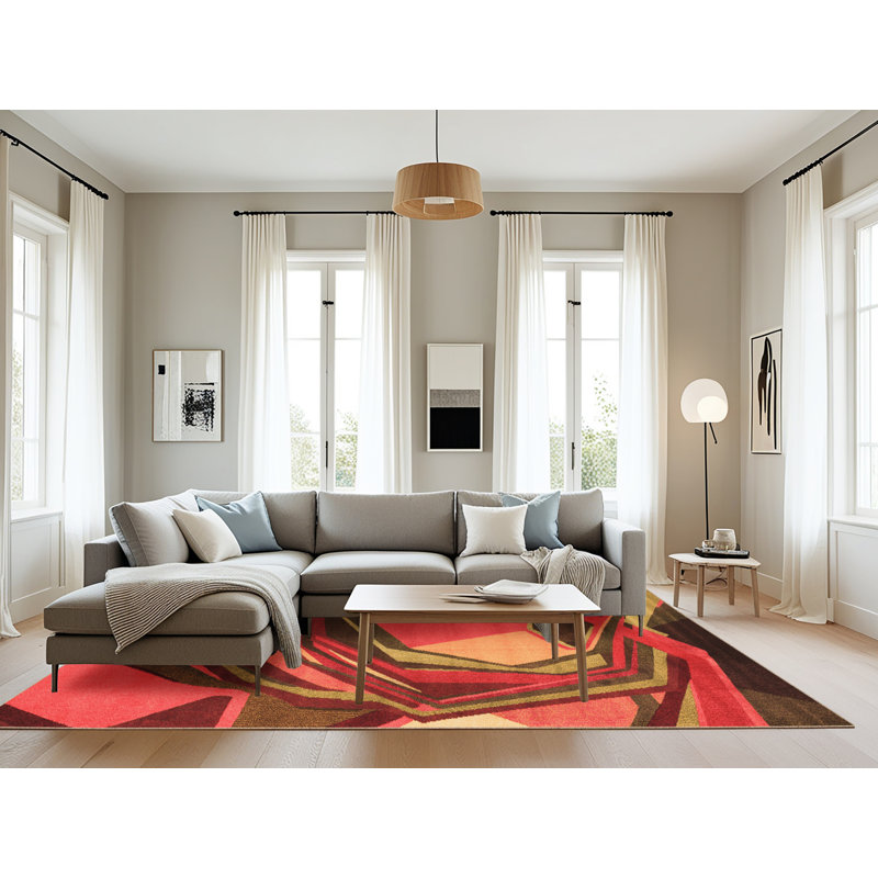 Tapis orange / vert / rouge en laine tissée à la machine Chaselyn, Rectangle 8 pi x 12 pi