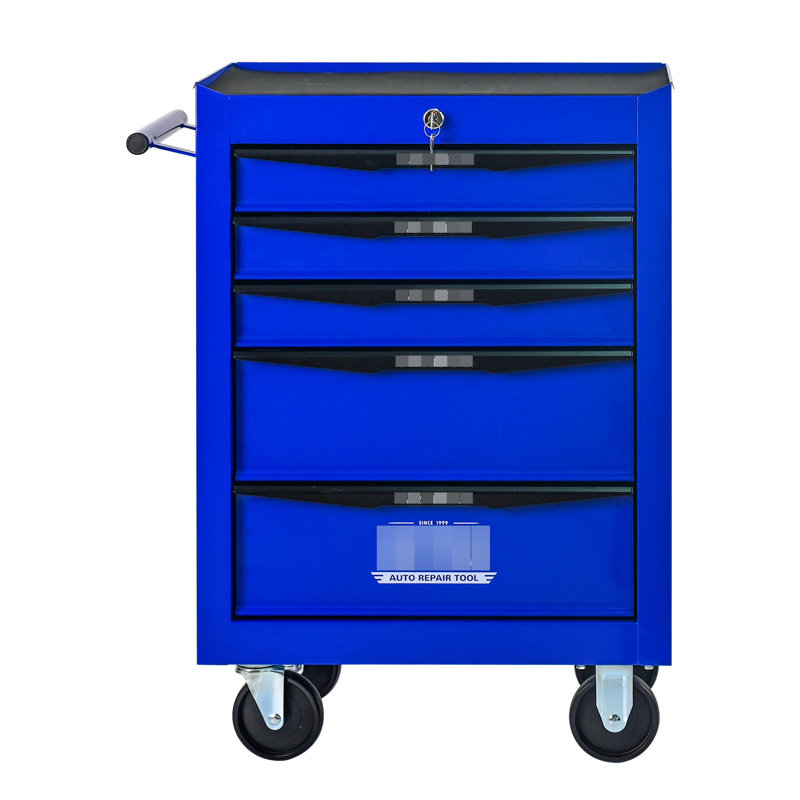Coffre à outils en métal noir et bleu de 20 po à 5 tiroirs, glissières à roulement, 4 roulettes pivotantes, armoire verrouillable avec rangement pour rangement d'organisation en acier, rangement universel en acier avec frein de stationnement universel, visuel