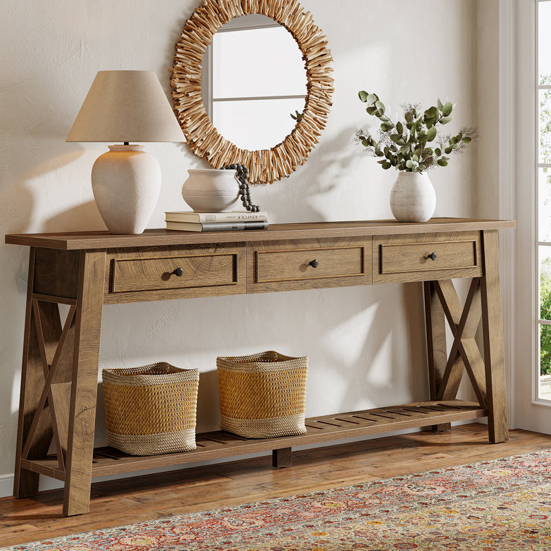 70.87" Console Table With 3 Drawers And Shelves, Farmhouse Wooden Long Sofa Table For Living Room, Entryway, Hallway, Natural