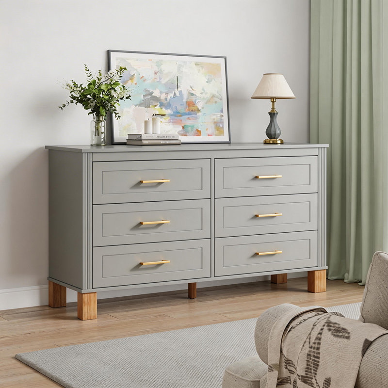 6-Drawer Double Dresser, Gray