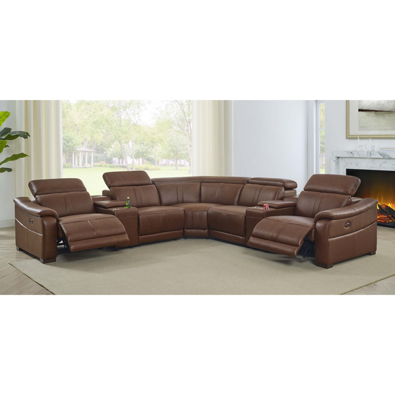 Canapé modulaire en cuir avec siège inclinable et appui-tête réglable et console de rangement avec porte-gobelets