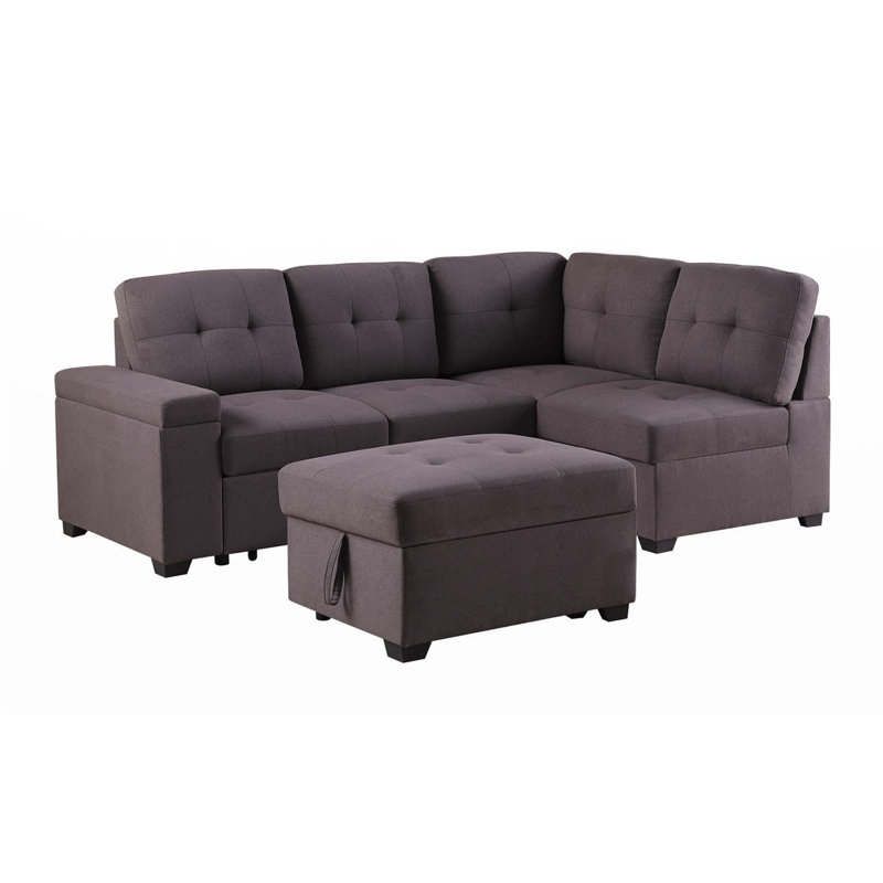 87.75" Linen Sleeper Sectional Sofa With Storage Ottoman