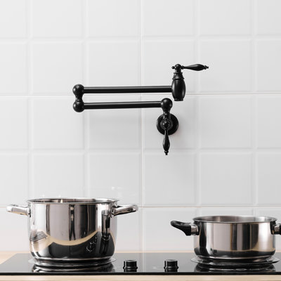 Wall Mount Pot Filler, Brass Kitchen Folding Faucet, Matte Black, Contemporary Style, Double Joint Swing Arms, Leak - , Safe And , Dual Valves Commercial Material, Nickel Finish, Stretchable Look,