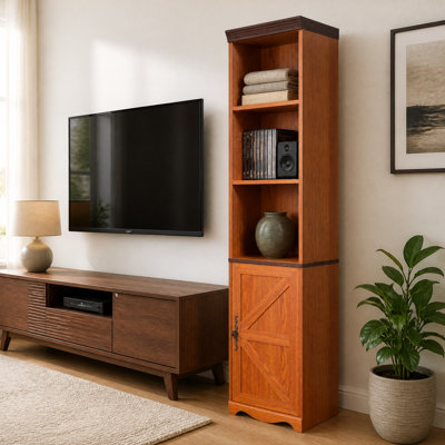 Meuble de rangement multimédia haut en chêne foncé, 3 tablettes ouvertes, porte de grange