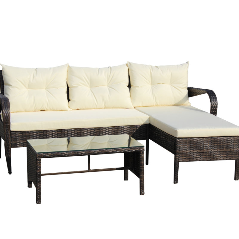 Outdoor 3 Patio Patio: Beige Cushions & Tempered Glass Coffee Table With Ring Holder : Sectional Seat - Robust 2 Seater, Reclining Lounger,