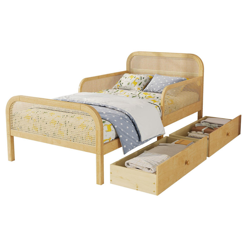 Structure de lit plateforme simple avec 2 tiroirs de rangement, lit en rotin pour enfants avec tête et pied de lit, blanc