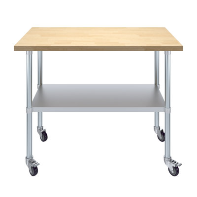 Table de travail roulante H 38 po x L 48 po x P 30 po avec plateau en bois d'érable, tablette réglable et roulettes verrouillables Express Kitchquip