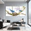 Oiseaux bleus nourrissant des poussins dans un nid sur une branche, ensemble de 3 impressions sur toile-1450478782