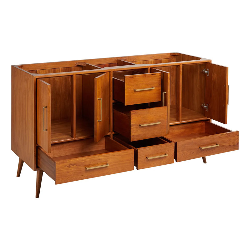 60" Novak Double Bathroom Vanity Set with Rectangular Undermount Sinks, Single-Hole, Feathered White Quartz, Natural Teak
