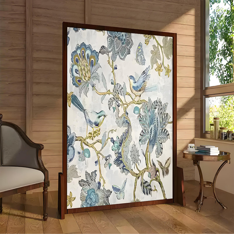 Paravent pliant avec art floral et oiseaux