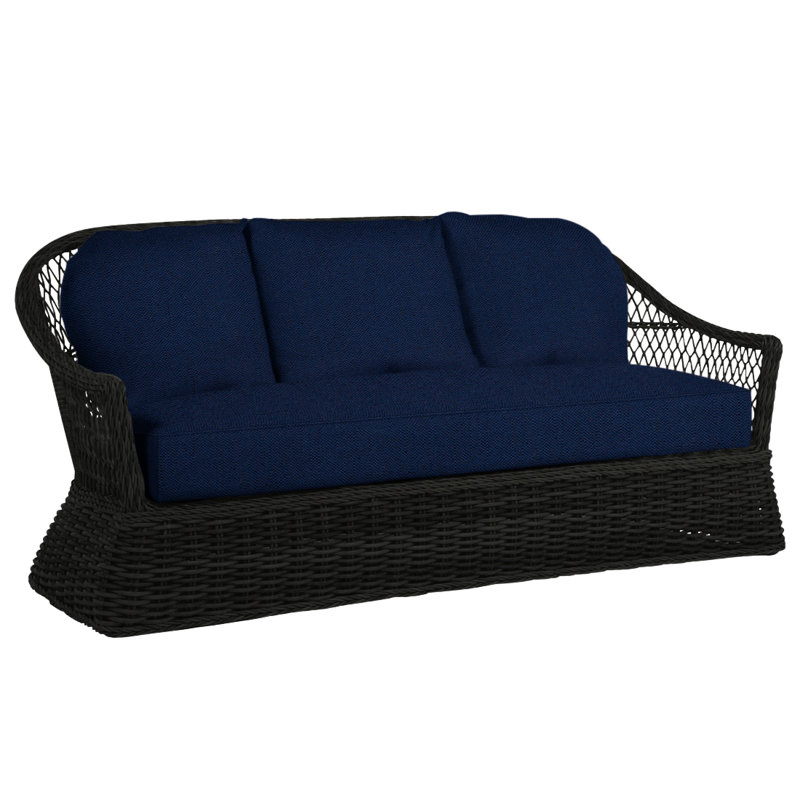 Soho 81.75" Wide Outdoor Wicker Patio Sofa with Cushions, Black, No Welt, Indigo Velvet