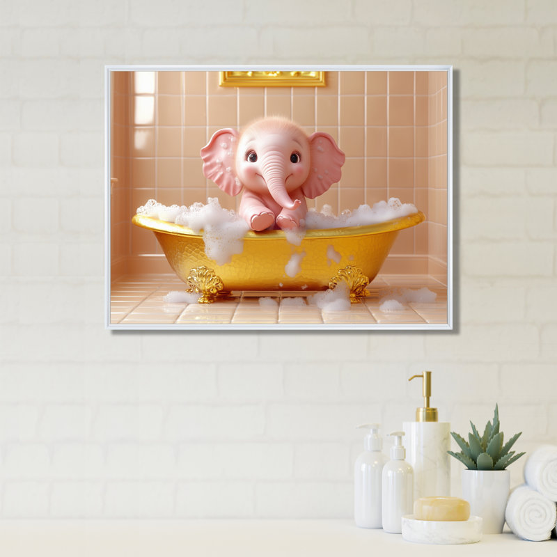 Kenyell, un mignon éléphant assis dans une élégante baignoire dorée III - art mural de salle de bain, H 34 po x l 44 po