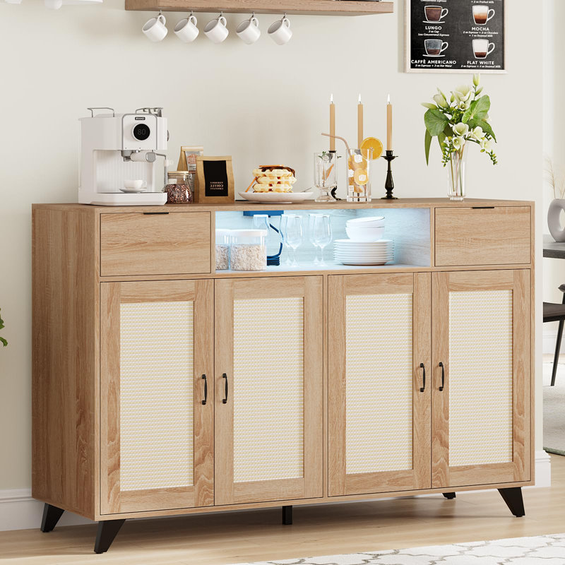 Sideboard Buffet Cabinet, 4 Rattan Doors 2 Drawers Accent Storage Cabinet, Natural