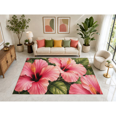 "Ultra Thin" 5' x 7' Vintage Botanical Peony Area Rug, Soft Low Pile Indoor Rug with Non-Slip Silicone Backing for Living Room, Bedroom, Dining Room, Family Room Decor