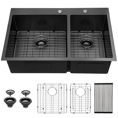 Évier de cuisine à double cuve en acier inoxydable avec grille d'évier et crépine L 33 po x l 22 po