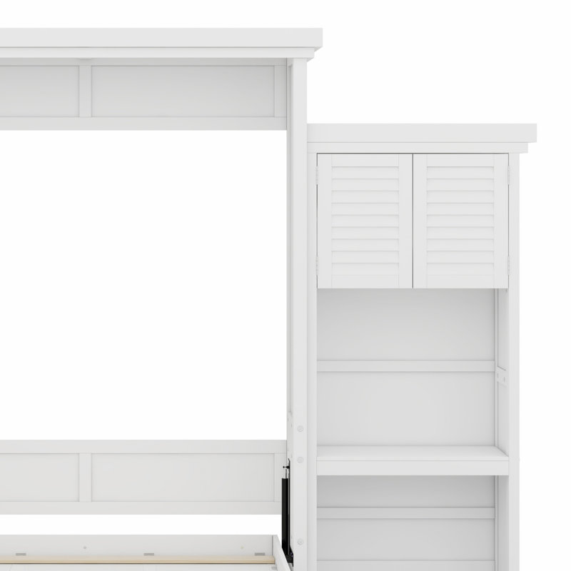 Lit escamotable avec tablettes de rangement et décoration à persiennes, blanc