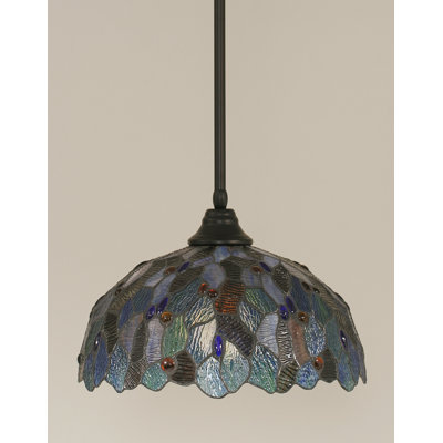 Stem Hung Pendant Shown In Matte Black Finish With 16" Blue Mosaic Art Glass