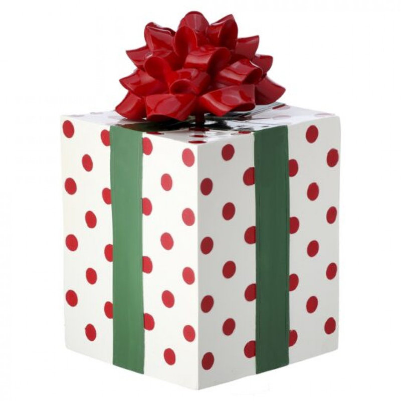 Resin White With Red Dots And Red And Green Trim Gift Box Decoration