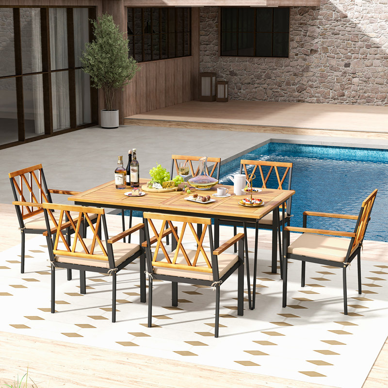  Ensemble de salle à manger de patio 7 pièces avec trou de parasol et coussins de siège de 2 po