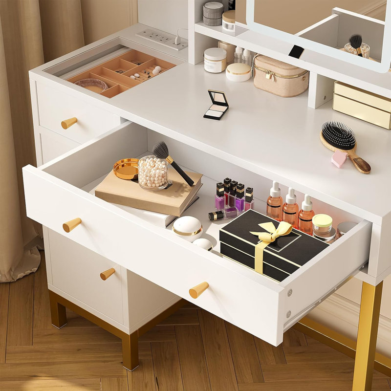 Vanity Desk with Mirror and Lights, Makeup Desk Dressing Table with LED Lighted Mirror & Power Outlet,3 Lighting Color for Bedroom