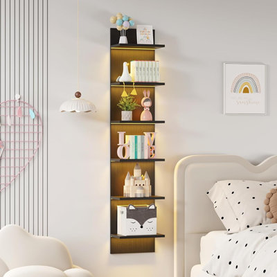 6 Tier Wall Shelf Unit With LED Light, Display Floating Storage Home Decor Organizer Shelves For Bedroom Living Room, Black