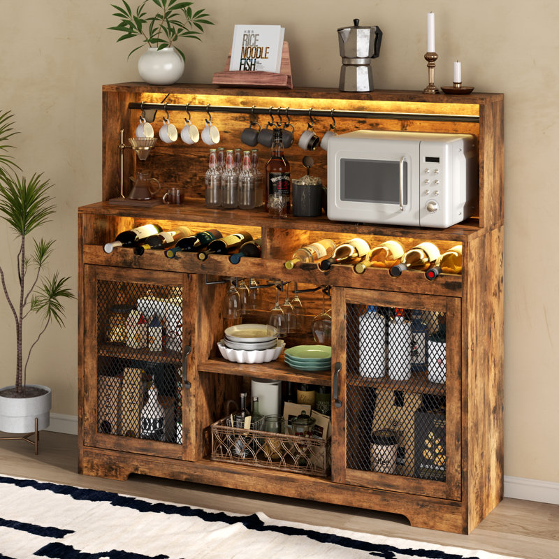Wine Bar Cabinet With Led Light, Liquor Cabinet With Glass Holder, Coffee Bar Cabinet For Liquor, Storage Buffet Cabinet With Wine Racks, Wine Cabinet With Mesh Door