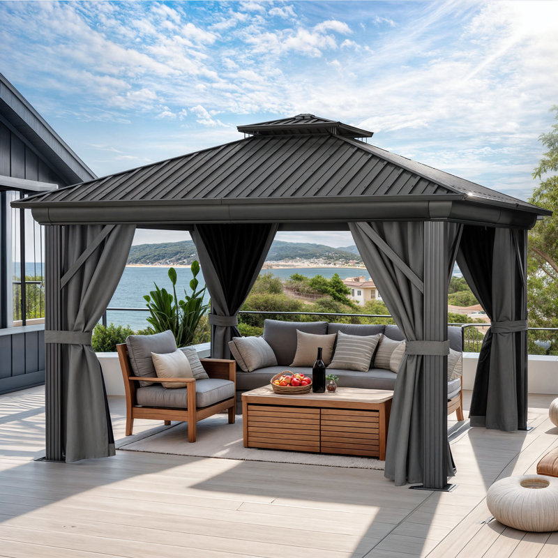 12ft x 12 ft Outdoor Canopy Gazebo, Patio Gazebo, Hardtop Gazebo, Elegant Hardtop Pavilion with Double Layered Roof and Curtains, Suitable for Patio and Backyard