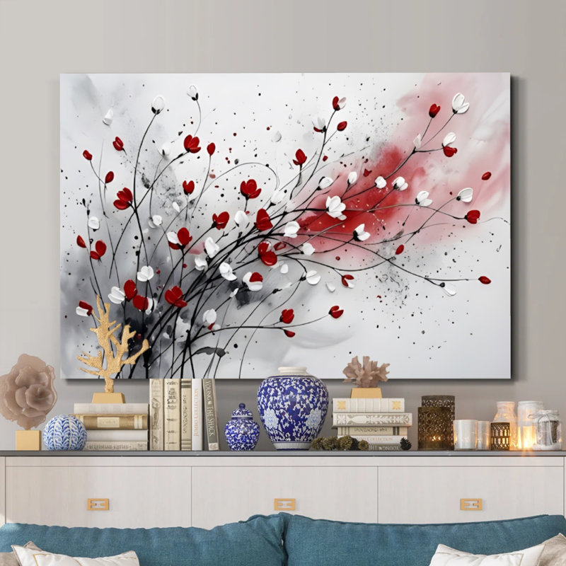 Encre de fleurs abstraites, "Encre de fleurs", art encadré rouge et blanc