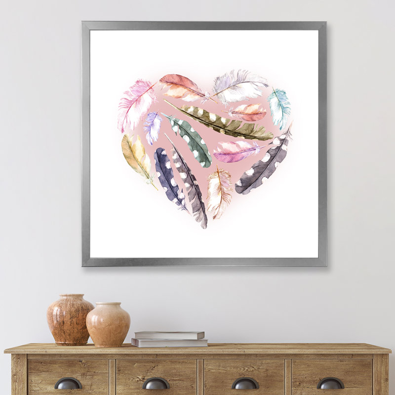 «Ethnic Feather Heart», impression sur toile encadrée, Encadrement argenté, H 30 po x l 30 po x P 1 po