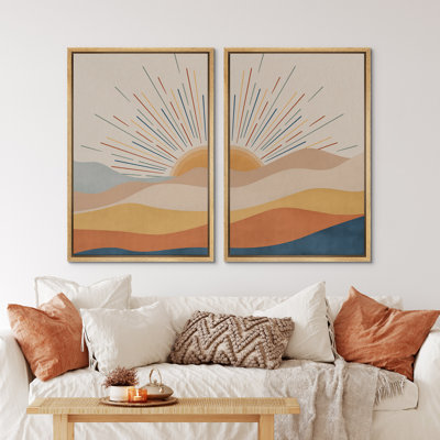 Sun And Moon Western Desert Sunrise Mid Century Modern Framed Canvas 2 Piece Painting Print Wall Art