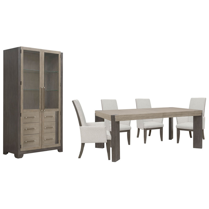 Table de salle à manger à pieds Inzillo avec 4 fauteuils rembourrés et vaisselier, 6 pièces: table, 4 chaises, vaisselier