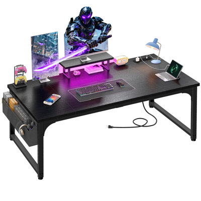 Home Office Computer Gaming Desk with Monitor Stand, LED Lights and Power Outlets