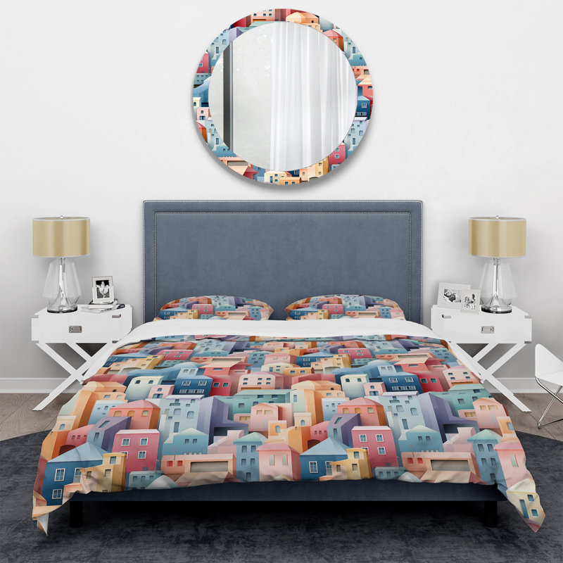 Literie urbaine en couleurs pastel, Housse de couette pour grand lit et 2 taies décor