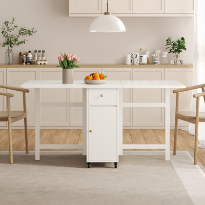 No Assembly 12'' to 59''W Extendable Dining Table for 2-6 People, Space-Saving Moveable Wood Kitchen Island with Wheels, Modern Folding Kitchen Table with Storage and Drop Leaves for Kitchen and Dining Room, White