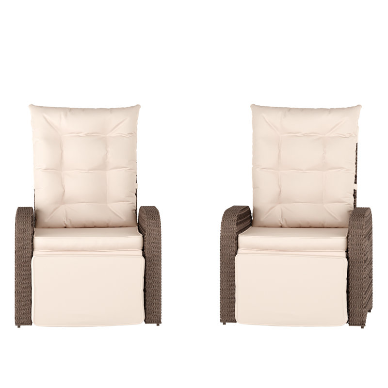 Vilborg Indoor/Outdoor Patio Wicker Rattan Recliner Lounge Chairs with Flip up Side Tables, Beige, Brown