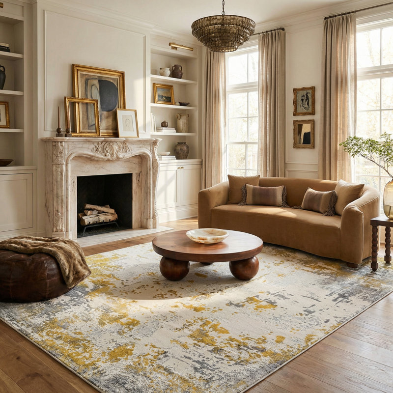 Rug Branch Solenne 8' x 11' (7'9" x 10'9") Gold/Grey Abstract Indoor Area Rug, Contemporary, Medium Pile, Stain-Resistant Carpet - Living Room, Bedroom, Dining Room, and Kitchen