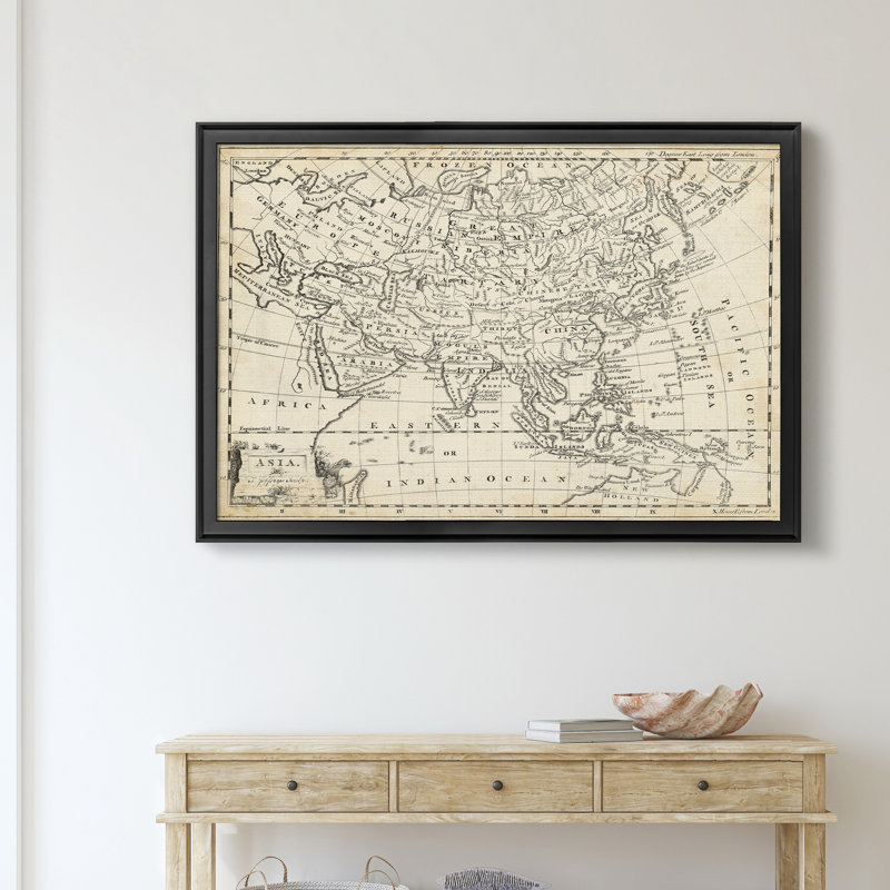 Carte de l’Asie-impression d’art graphique sur toile encadrée, Cadre noir, H 30,5 po x l 42,5 po x P 1,5 po