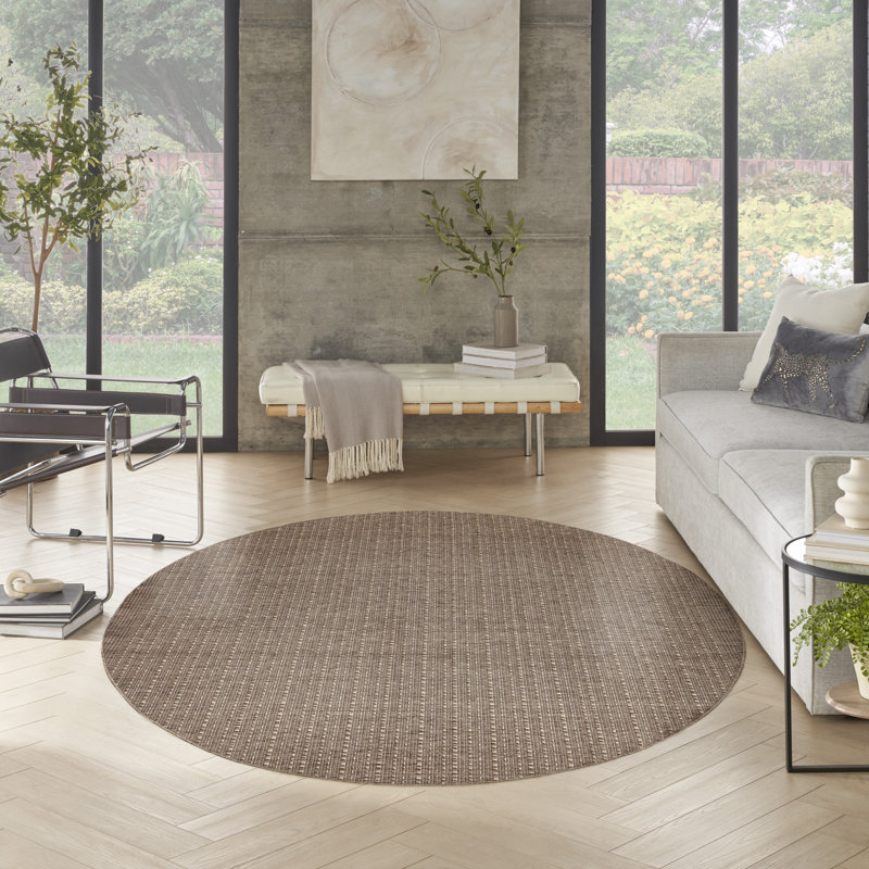 Tulum Striped Indoor/Outdoor Area Rug, Round 8', Brown