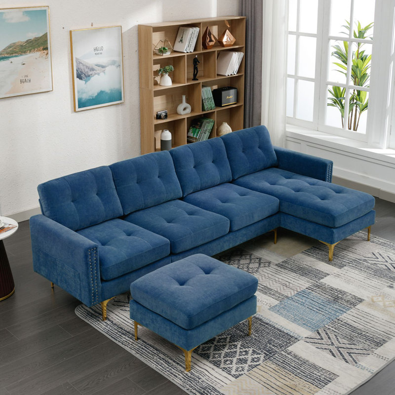 Canapé modulaire convertible en L 110 po, Velours bleu, Doré