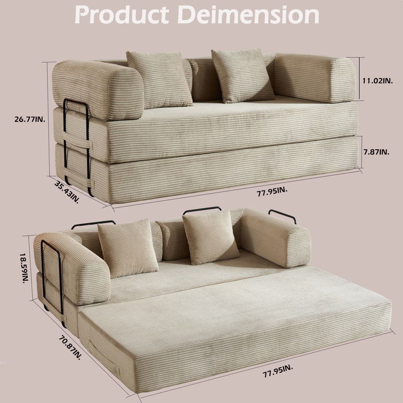Canapé-lit convertible avec matelas pliant en velours côtelé et coussin cylindrique de forme fixe pour le salon, Beige