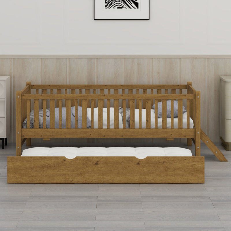 Platform Bed With Guardrail And Trundle, Walnut