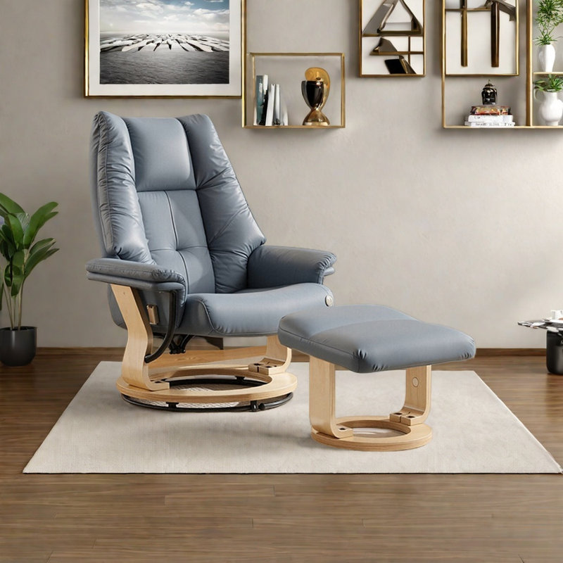 Solid wood comfortable lounge chair, Natural, Grey Faux Leather