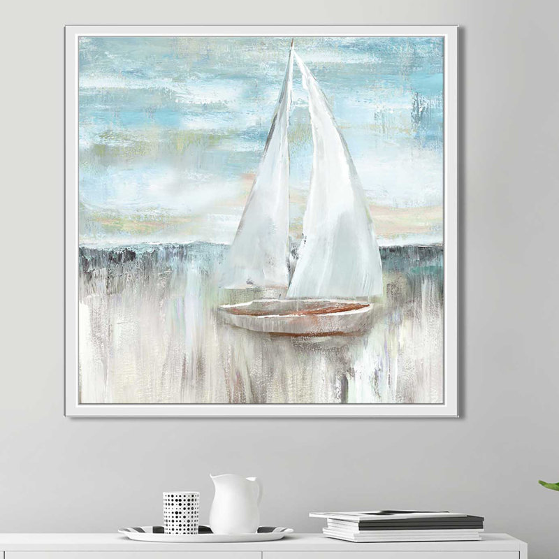 «Soft Sail I», reproduction de peinture acrylique, H 21,5 po x l 21,5 po x P 2 po, Cadre flottant blanc