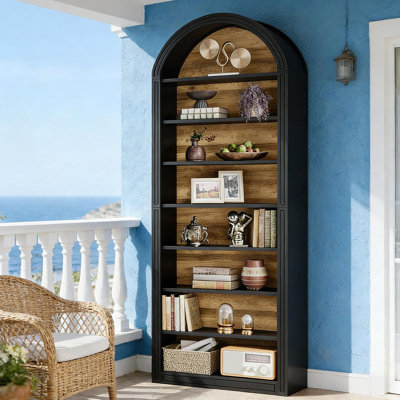 Spacious 8-Tier Arched Bookshelf, Freestanding Display Shelving With Two-Tone Color And Closed Back Design For Enhanced Aesthetics And Storage.