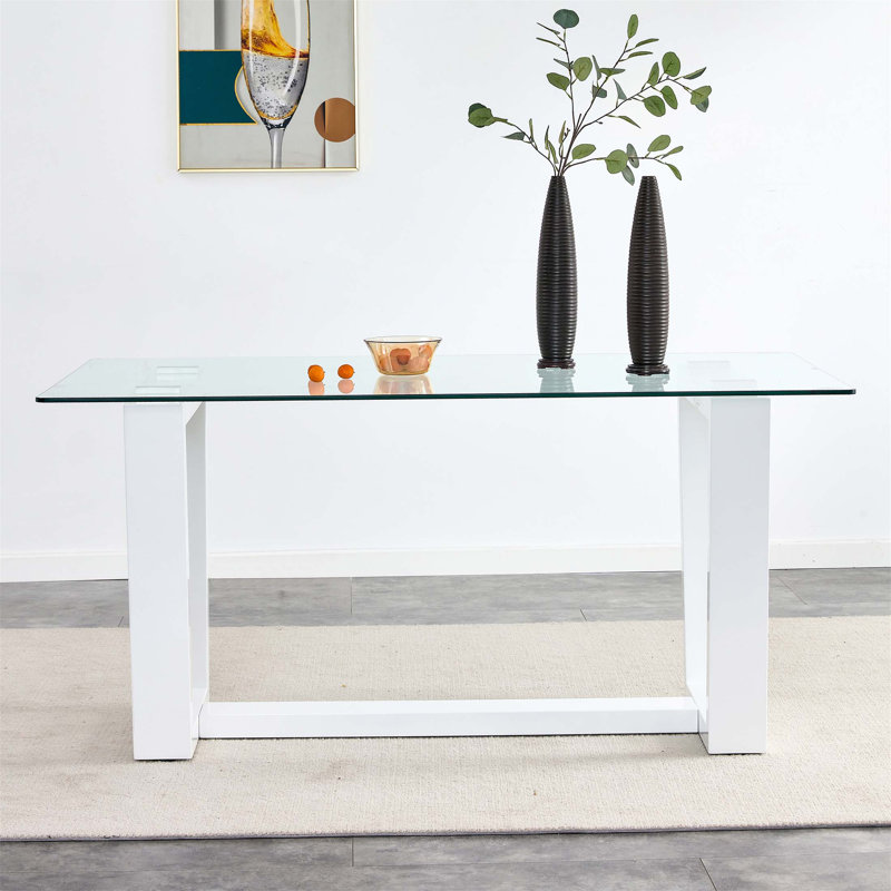 Table de salle à manger moderne en verre rectangulaire pour plateau en verre trempé de 6 à 8 po de 0,4 po avec base trapézoïdale en bois aggloméré, conception minimaliste pour la cuisine, la salle à manger ou la salle de banquet