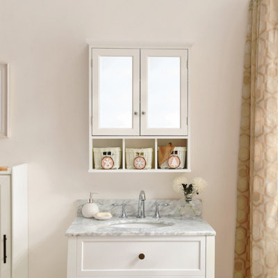 Armoire de rangement de salle de bain en bois 2 portes, armoire à pharmacie avec miroir, tablette réglable + 3 paniers de style mural