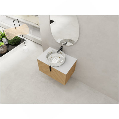 Bathroom Vanity With Top Ceramic Art Sink And Artificial Stone Slab, 2-Soft Close Door, Wall-Mounted Mounting Design, Plywood