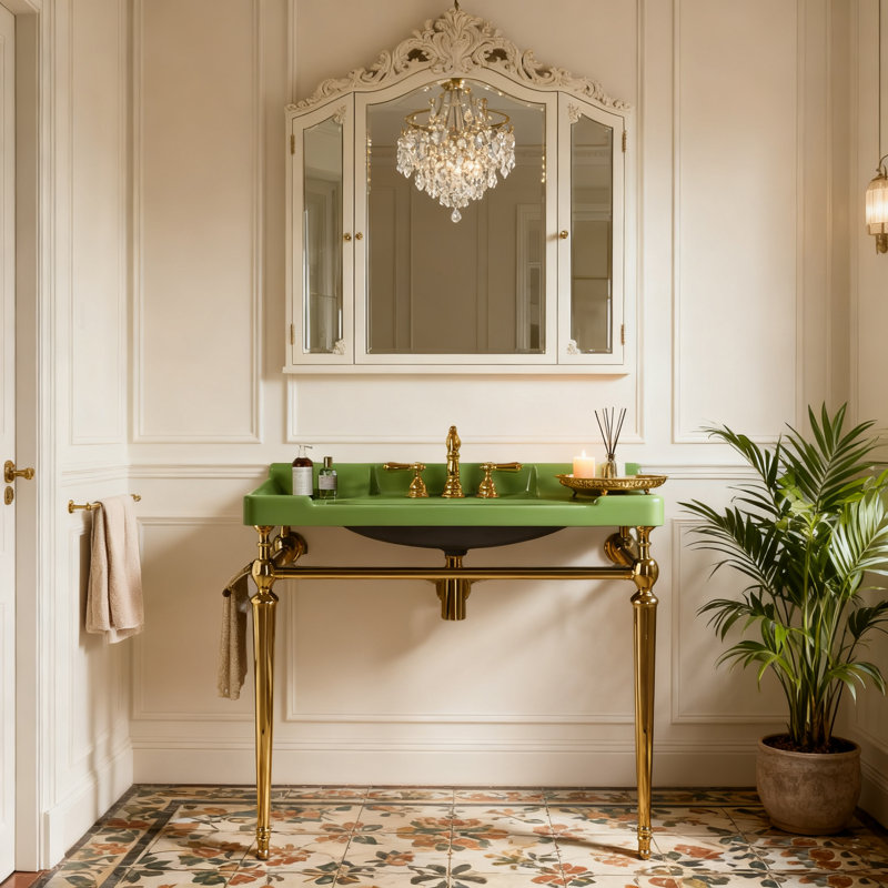 VICI 36'' Vintage Console Bathroom Sink, Freestanding Wall Mounted Single Bathroom Vanities Set With 3 Tap Holes, Green, Gold